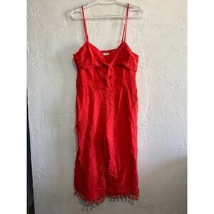 Three bird nest fringe cropped stright leg linen tie front jumpsuit womens large